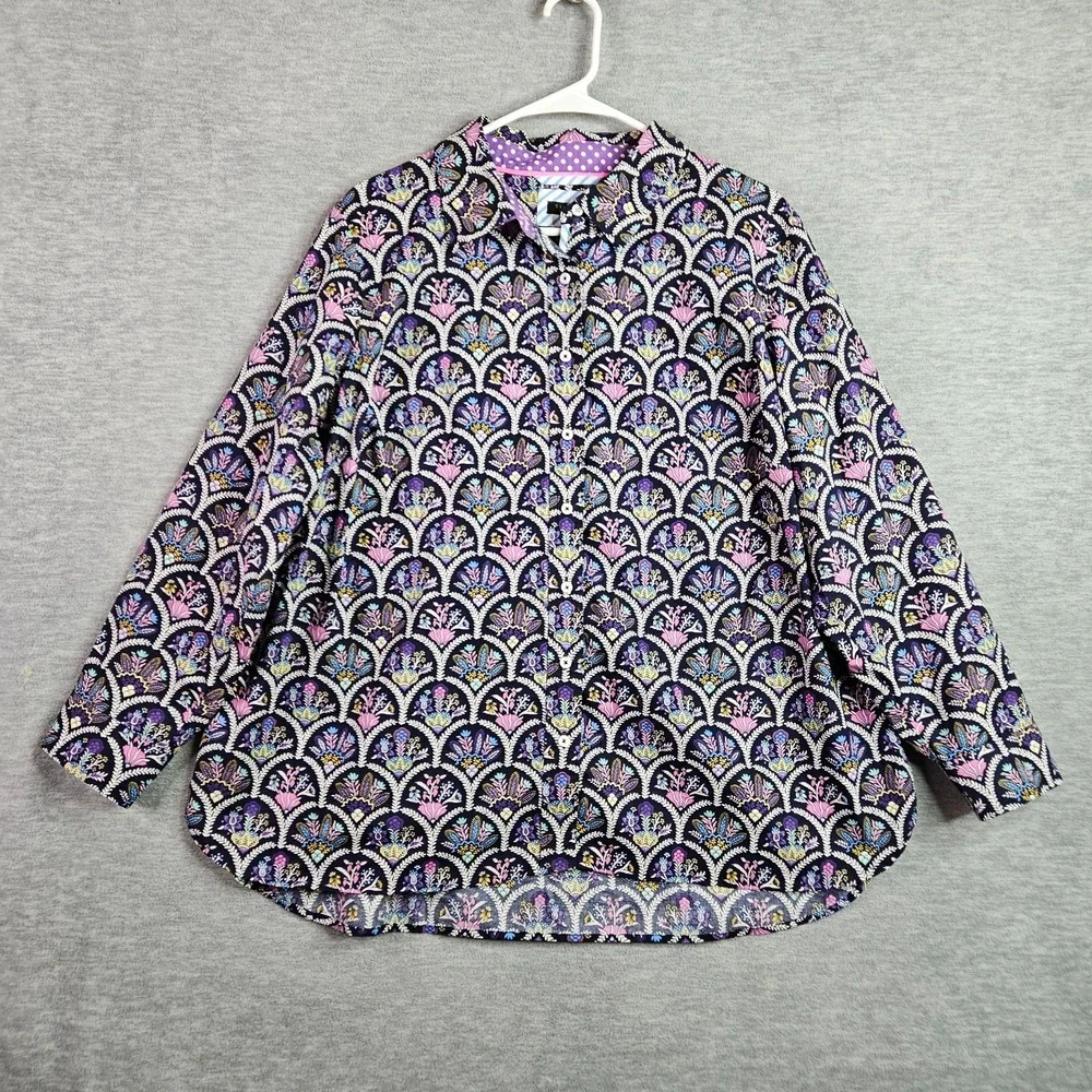 Talbots Plus Petite Women's 2XP Floral Print Button Front Blouse Black Purple